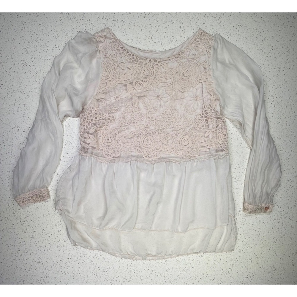 Belleombra Italy Silk Lace Peplum Blouse Cream Beige Floral Long Sleeve Large